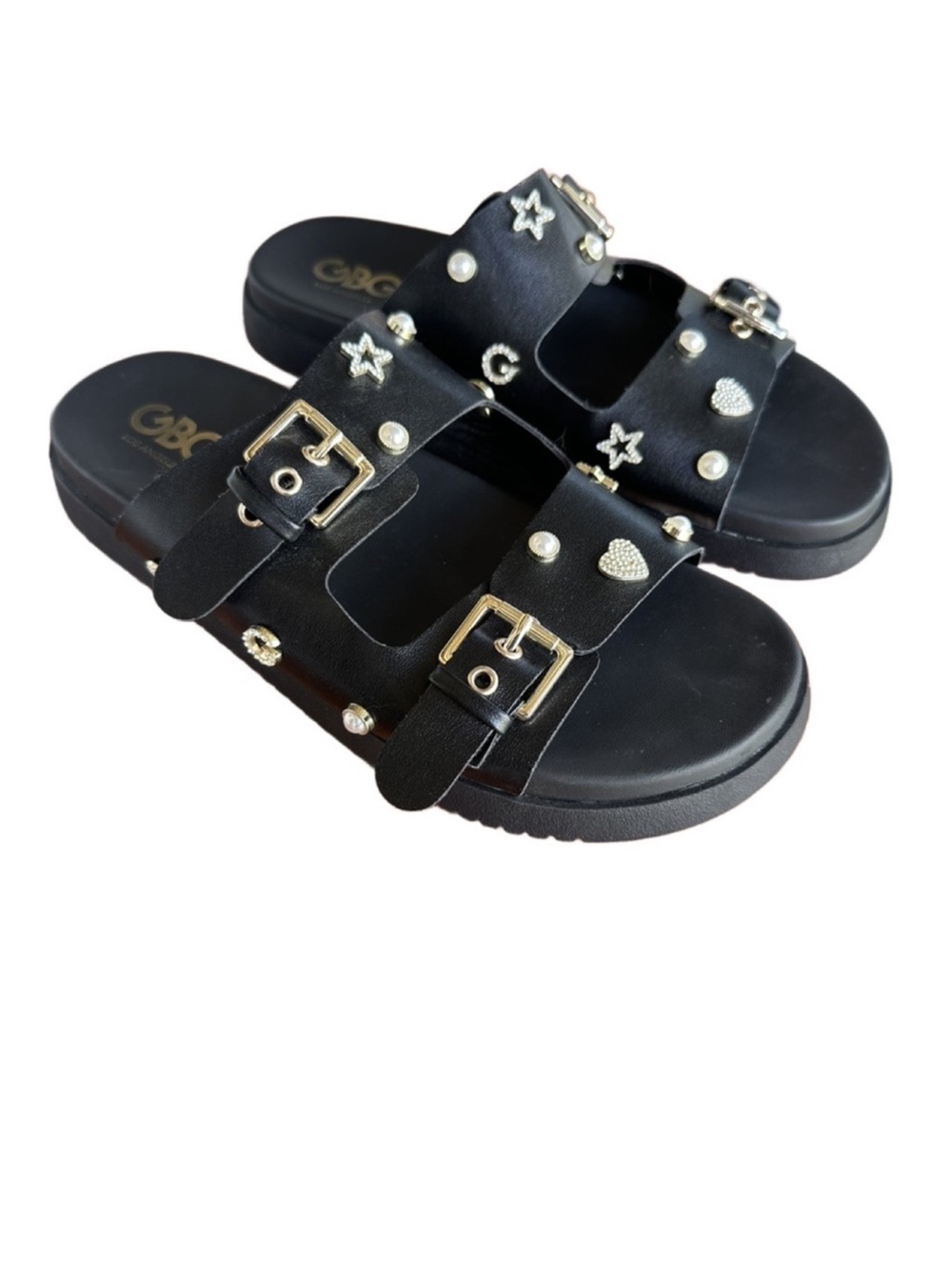 G by Guess Black Double-Strap Slide Sandals with Gold Accents